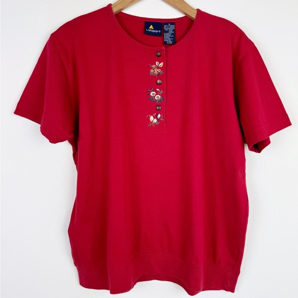 LizSport Vintage Red Embroidered Floral T-Shirt - Picture 1 of 7